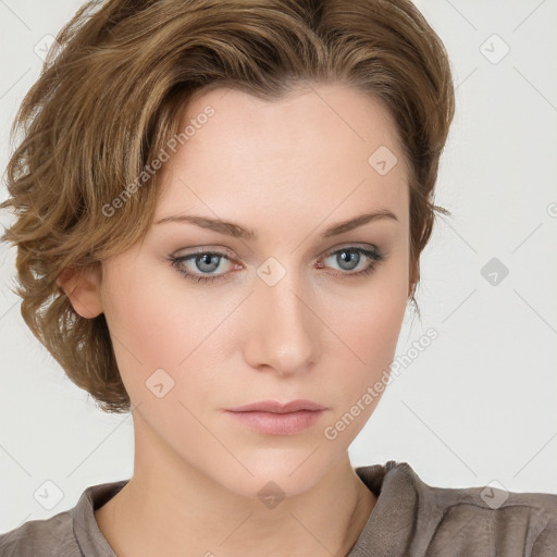 Neutral white young-adult female with medium  brown hair and blue eyes