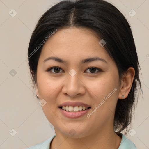 Joyful white young-adult female with medium  brown hair and brown eyes