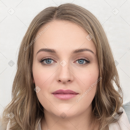 Joyful white young-adult female with medium  brown hair and green eyes