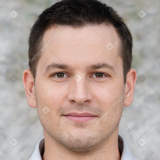 Joyful white young-adult male with short  brown hair and brown eyes