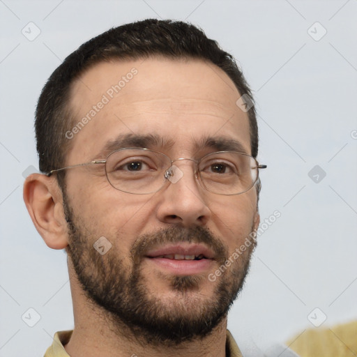 Neutral white adult male with short  brown hair and brown eyes