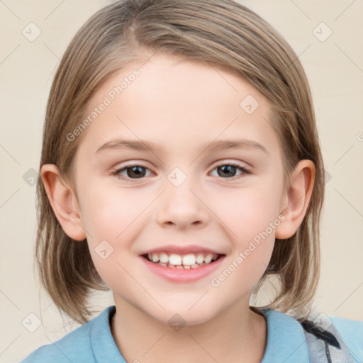 Joyful white child female with medium  brown hair and grey eyes