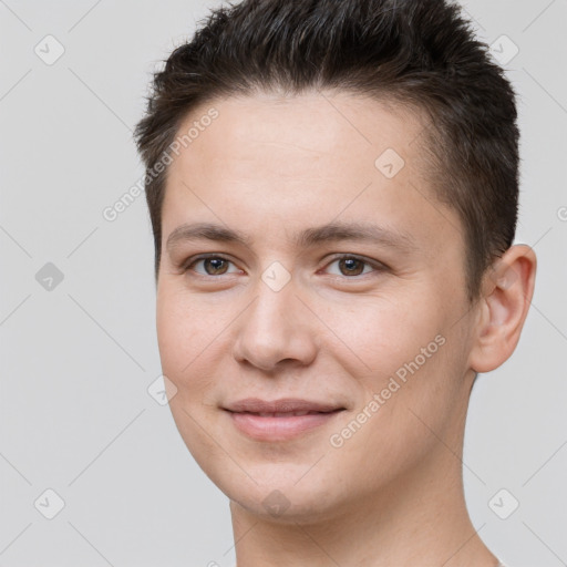 Joyful white young-adult female with short  brown hair and brown eyes