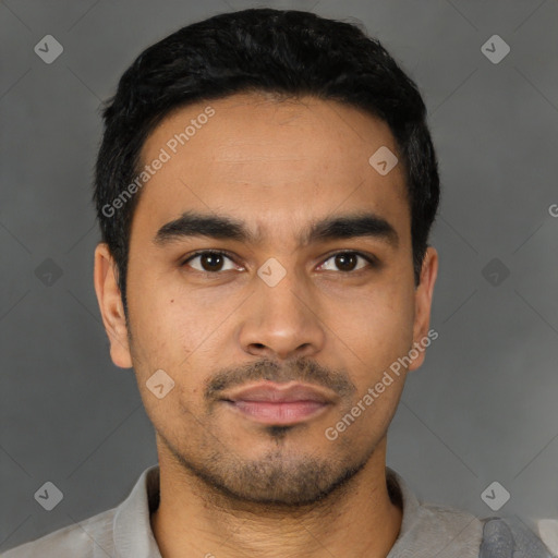 Neutral latino young-adult male with short  black hair and brown eyes