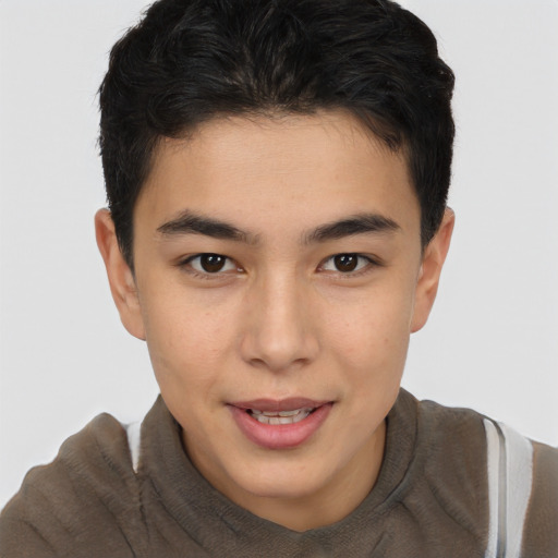 Joyful asian young-adult male with short  brown hair and brown eyes