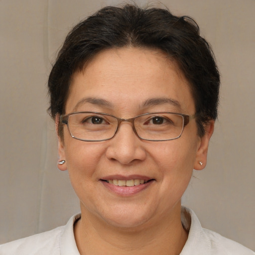 Joyful white adult female with short  brown hair and brown eyes