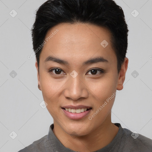 Joyful asian young-adult female with short  black hair and brown eyes