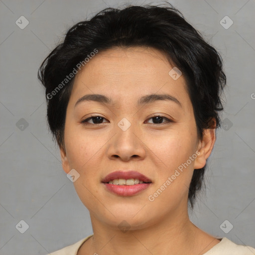 Joyful asian young-adult female with medium  black hair and brown eyes