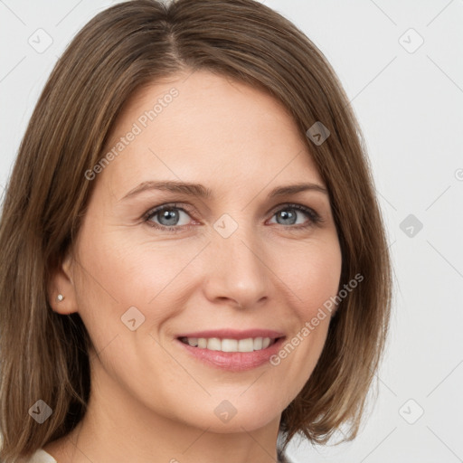 Joyful white young-adult female with medium  brown hair and grey eyes