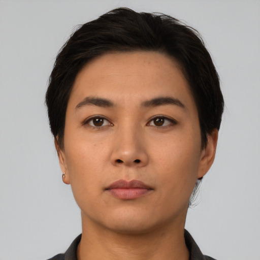 Neutral asian young-adult female with short  brown hair and brown eyes