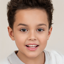 Joyful white child female with short  brown hair and brown eyes