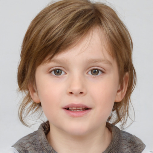 Neutral white child female with medium  brown hair and blue eyes