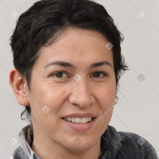 Joyful white adult female with short  brown hair and brown eyes