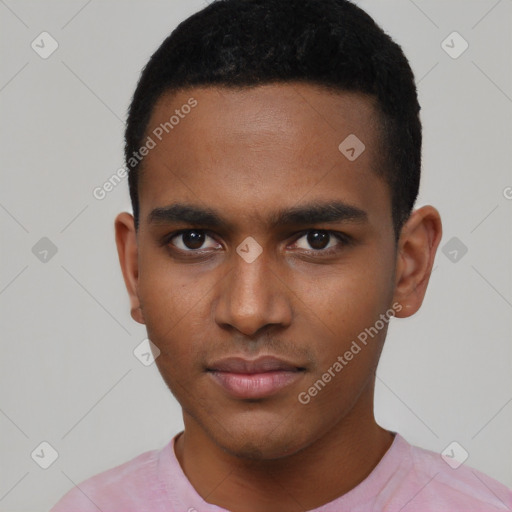 Neutral latino young-adult male with short  black hair and brown eyes