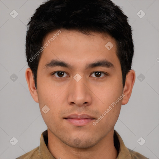 Neutral asian young-adult male with short  black hair and brown eyes