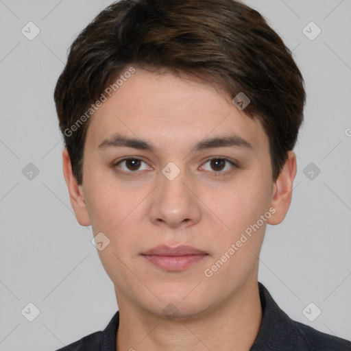 Neutral white young-adult male with short  brown hair and brown eyes