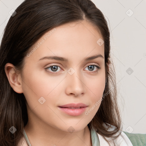 Neutral white young-adult female with long  brown hair and brown eyes