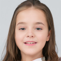 Joyful white child female with long  brown hair and brown eyes