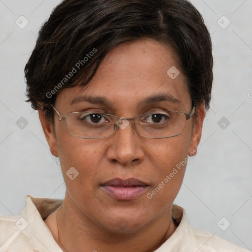 Neutral white adult female with short  brown hair and brown eyes