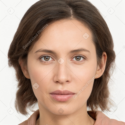 Neutral white young-adult female with medium  brown hair and brown eyes