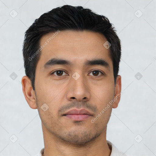 Neutral asian young-adult male with short  black hair and brown eyes