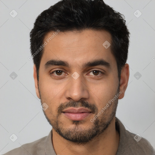 Neutral latino young-adult male with short  black hair and brown eyes