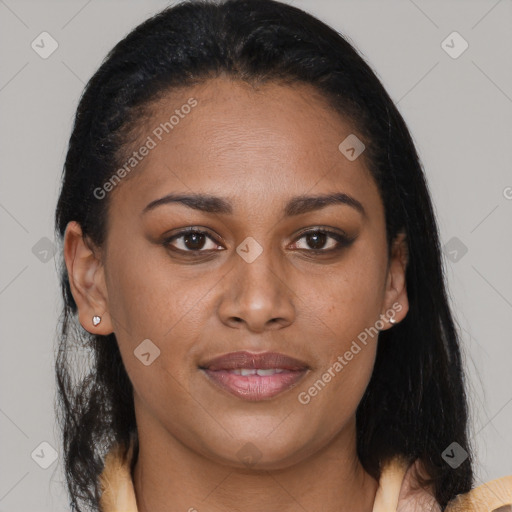 Joyful latino young-adult female with medium  brown hair and brown eyes