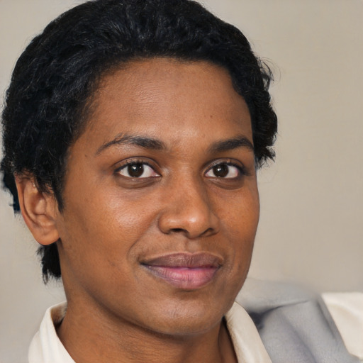 Joyful black young-adult female with short  brown hair and brown eyes