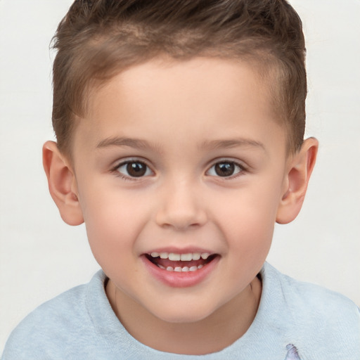 Joyful white child female with short  brown hair and brown eyes