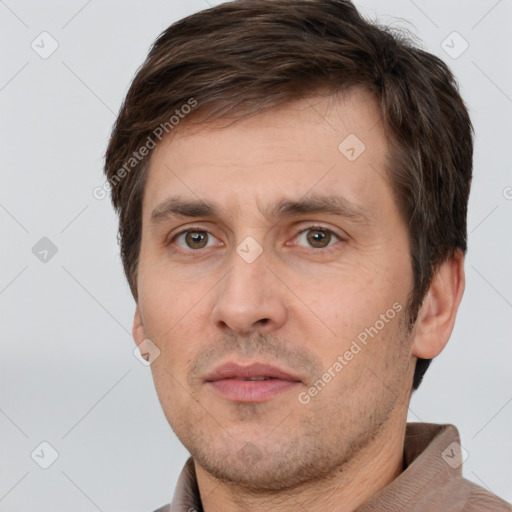 Neutral white adult male with short  brown hair and brown eyes