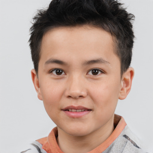 Joyful white child male with short  brown hair and brown eyes