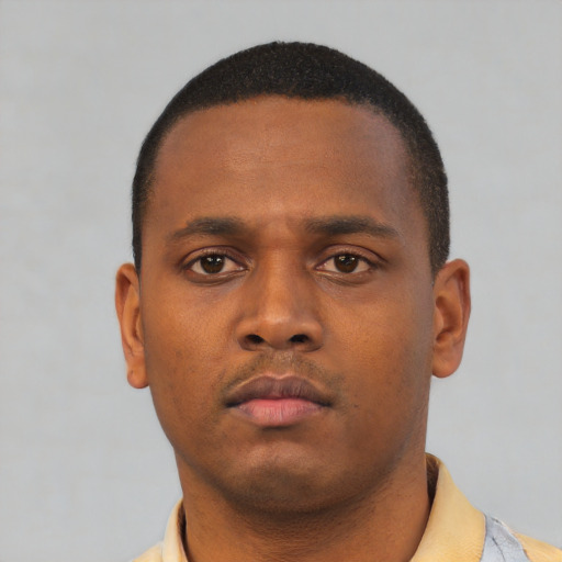 Neutral black young-adult male with short  black hair and brown eyes