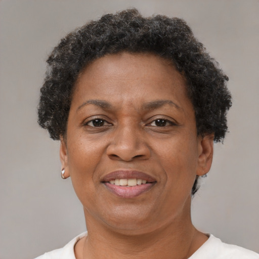 Joyful black adult female with short  brown hair and brown eyes