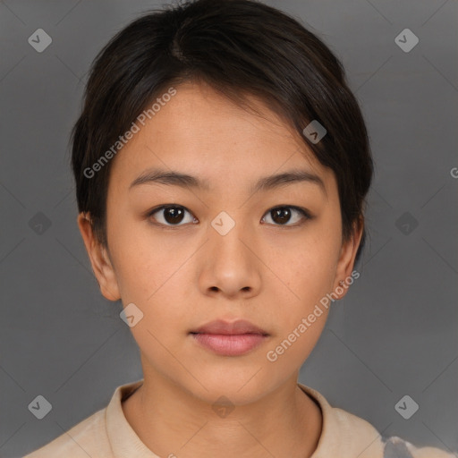 Neutral white young-adult female with short  brown hair and brown eyes