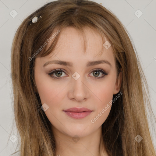 Neutral white young-adult female with long  brown hair and brown eyes