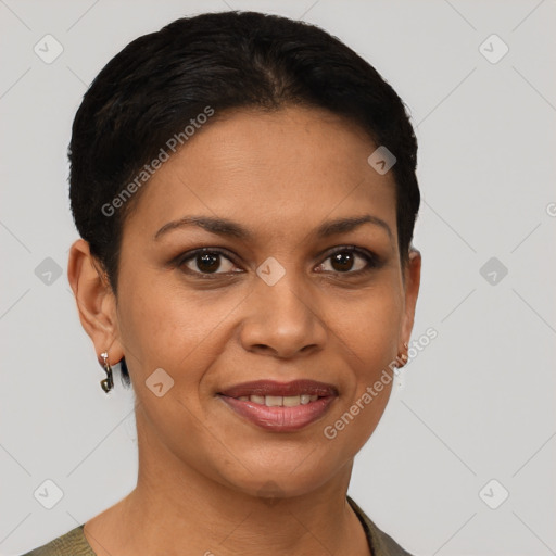 Joyful latino young-adult female with short  brown hair and brown eyes