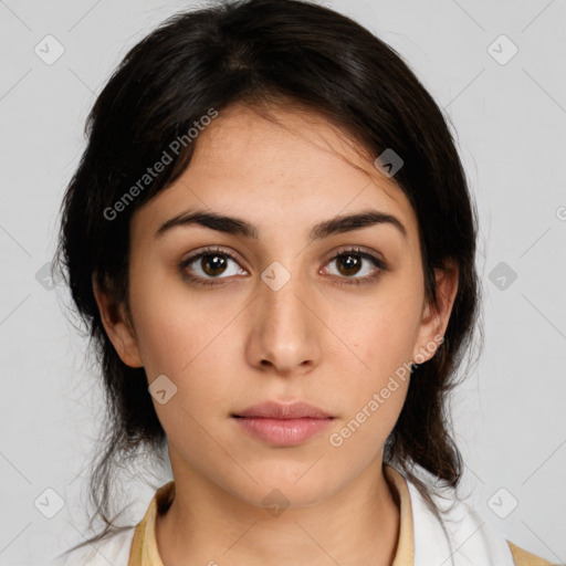 Neutral white young-adult female with medium  brown hair and brown eyes