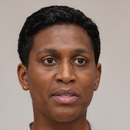 Neutral black young-adult female with short  brown hair and brown eyes