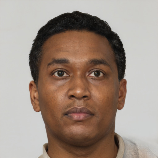 Neutral black young-adult male with short  black hair and brown eyes