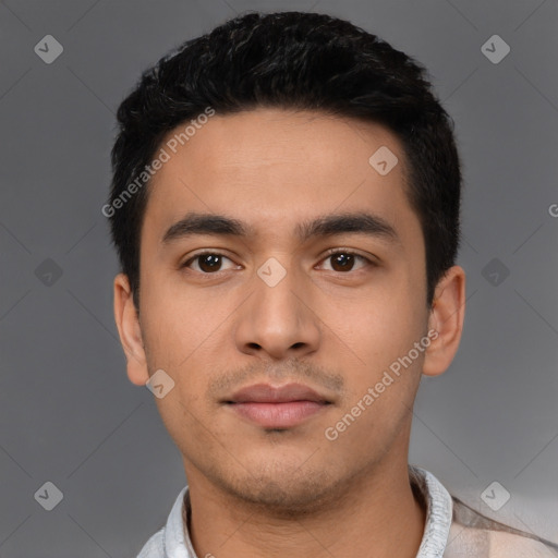 Neutral latino young-adult male with short  black hair and brown eyes