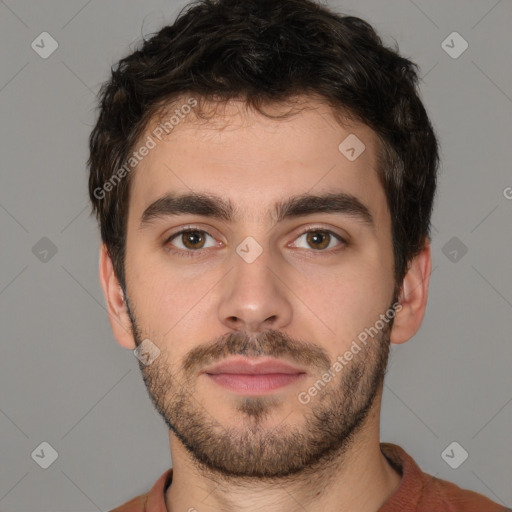 Neutral white young-adult male with short  brown hair and brown eyes