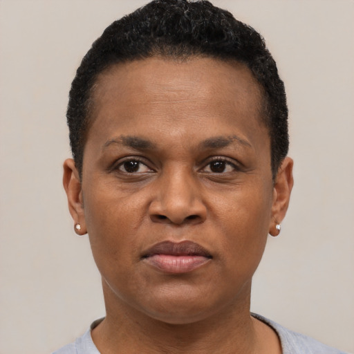Joyful black adult female with short  black hair and brown eyes