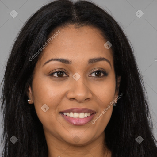 Joyful latino young-adult female with long  brown hair and brown eyes