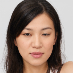 Neutral asian young-adult female with long  brown hair and brown eyes