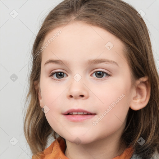 Neutral white child female with medium  brown hair and grey eyes