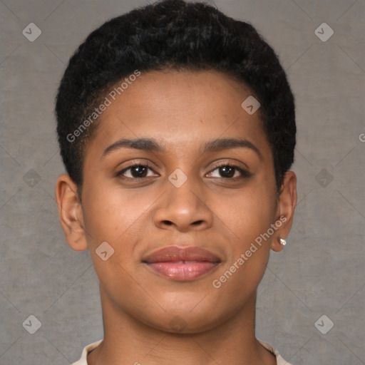 Joyful black young-adult female with short  brown hair and brown eyes