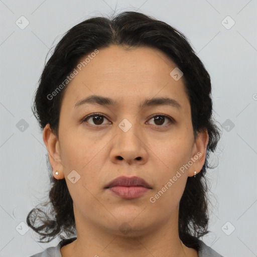 Neutral asian young-adult female with medium  brown hair and brown eyes