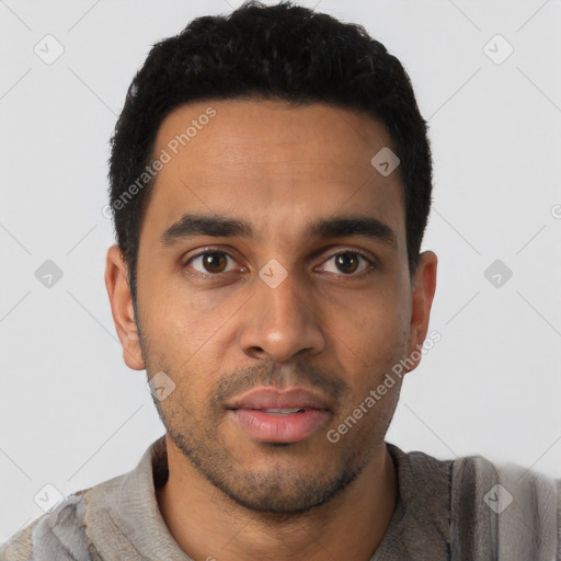 Neutral latino young-adult male with short  black hair and brown eyes