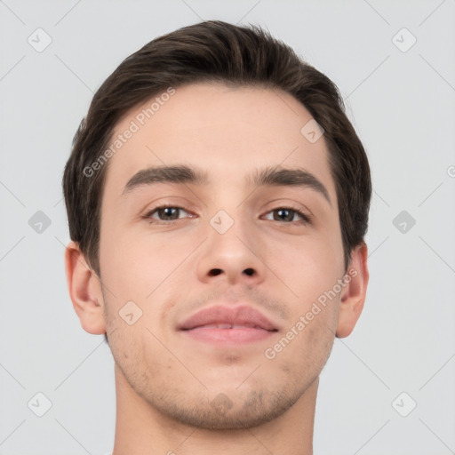 Neutral white young-adult male with short  brown hair and brown eyes