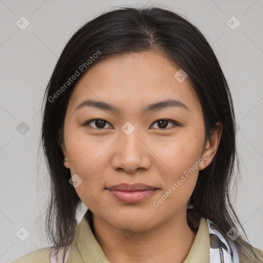 Joyful asian young-adult female with medium  brown hair and brown eyes